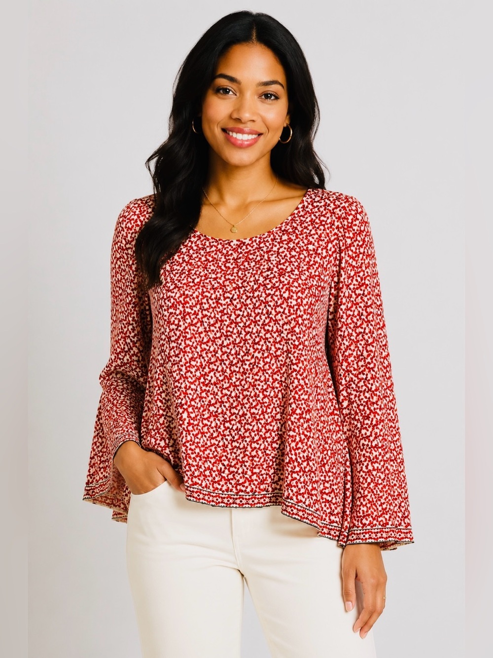 Max Studio Red Cream Floral Boho Blouse Size M Long Sleeve Pleated Lightweight